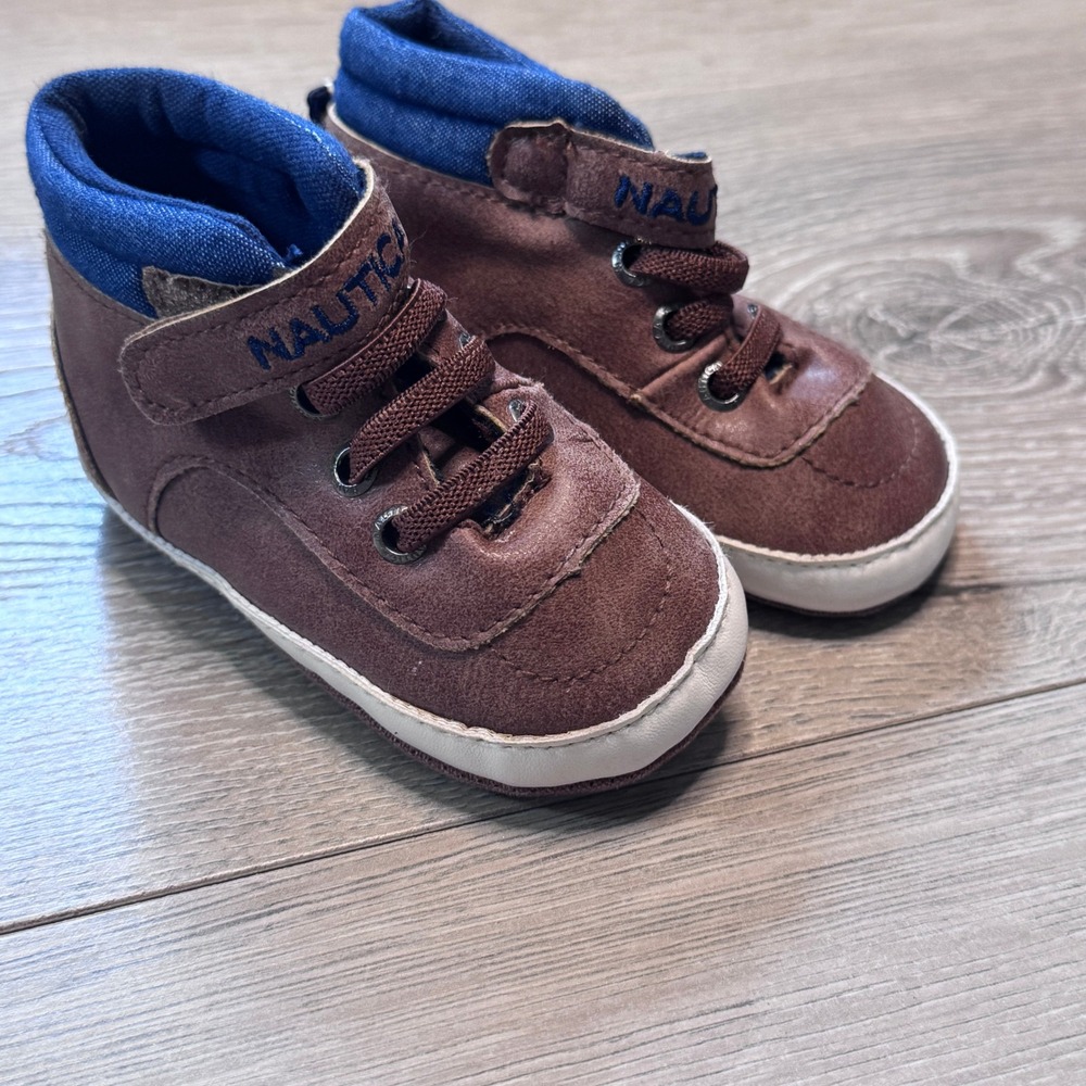 Nautica Tiny Horizon Baby Boy Brown Blue High Top Crib‎ Shoes Sneakers Size 3